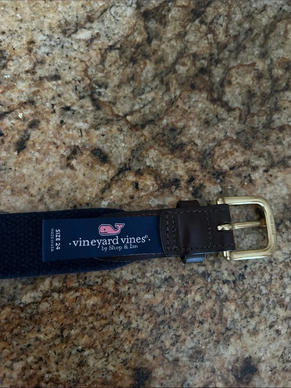 Vineyard Vines Navy Whale-Print Fabric Belt with Brown Leather Trim